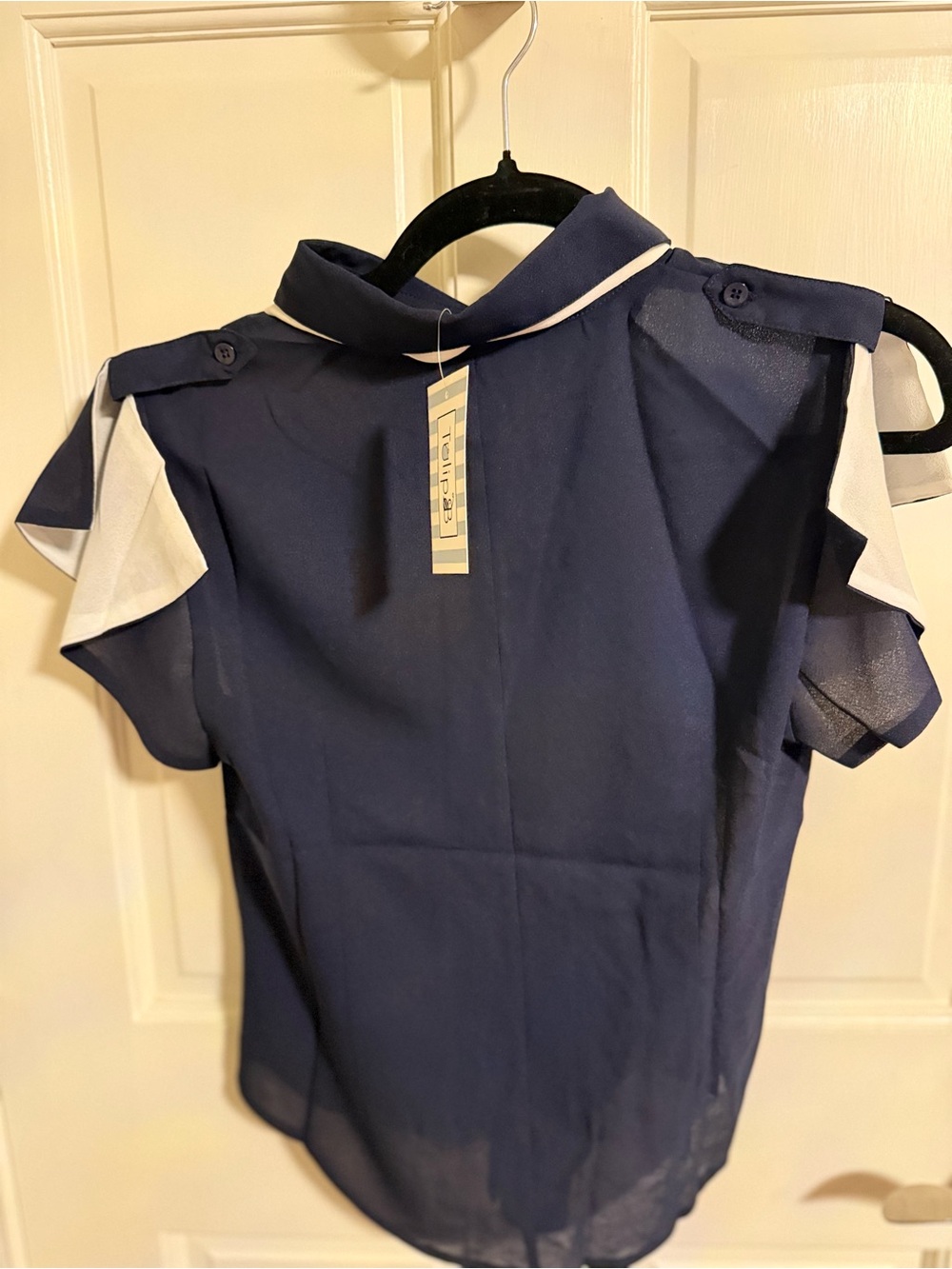 Tulip‎ B Navy Sheer Short Sleeve Blouse with White Tie - Picture 3 of 3